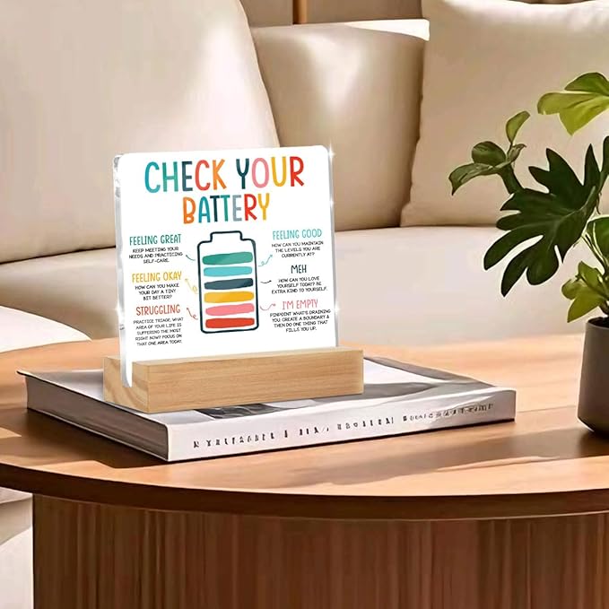 Inspirational Gifts for Women Men Coworkers, Mental Health Therapist Office Desk Decor Clear Acrylic Sign, Therapist Office Art Decor for Desk Gadgets Tabletop Cubicle, Check Your Battery