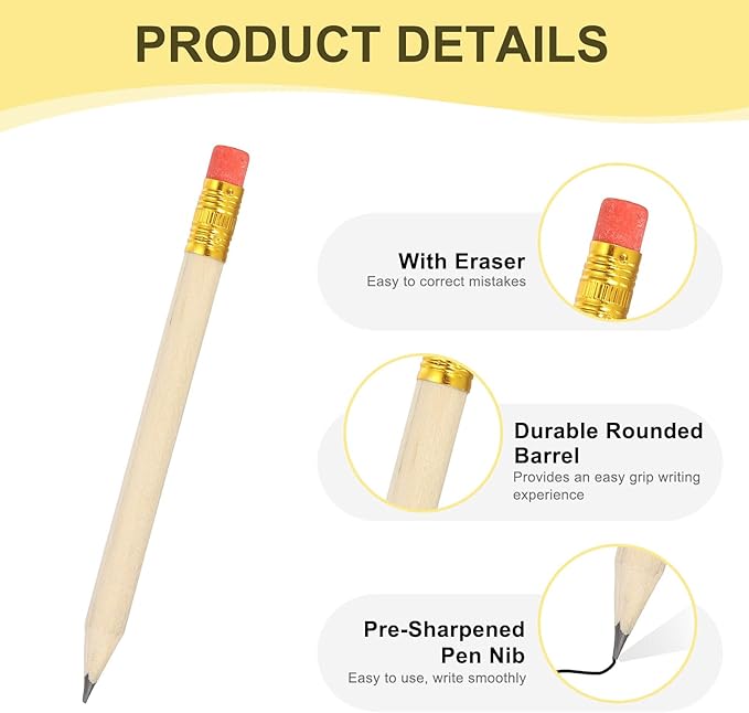 MECCANIXITY Golf Pencils with Erasers, 4" HB Mini Half Pencils Pre Sharpened Small Pens for Wedding Bridal Shower Game Office Writing Drawing(Wood Color, Pack of 50)