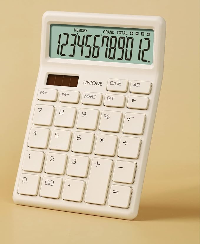 UNIONE Desktop Navy Calculator with a Bright LCD, Dual Power Handheld Desktop. Color. Business, Office, High School, 4×6 inch