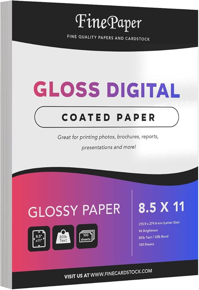Double-Sided Gloss Digital C2S Paper – Perfect for Color Laser Printing, Design Proposals, Flyers, Brochures | 8.5 x 11 | 80lb Text (32lb Bond) | 96 Bright | Acid Free, Glossy Coated | 100 Sheets