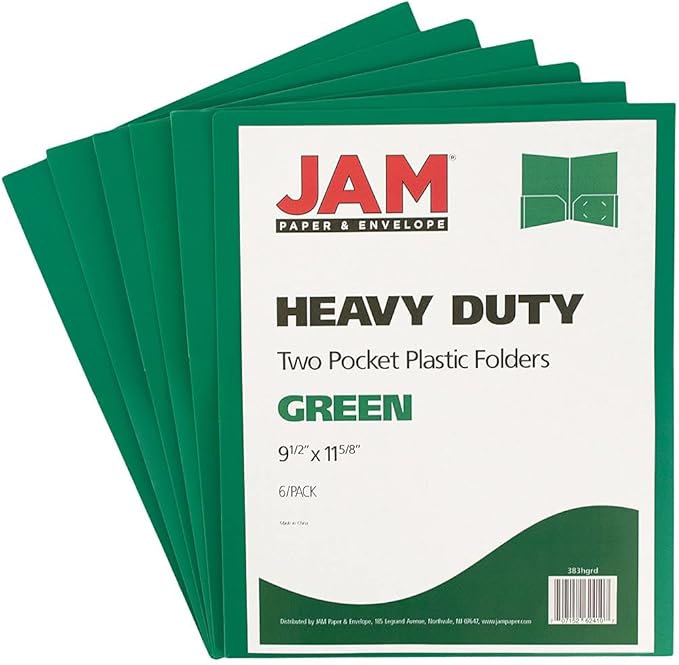 JAM PAPER Heavy Duty Plastic 2 Pocket Extra Tough School Folders - Green - 6/Pack