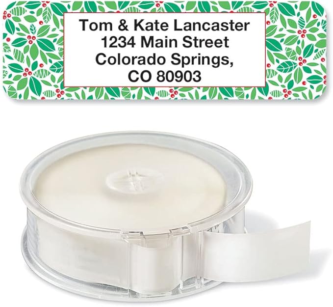 Christmas Festive Prints Rolled Personalized Return Address Mailing Labels with Dispenser, Set of 250, 5 Designs, Small ¾ x 2½ Inch Size, Custom Self-Adhesive Sticker Roll, by Colorful Images