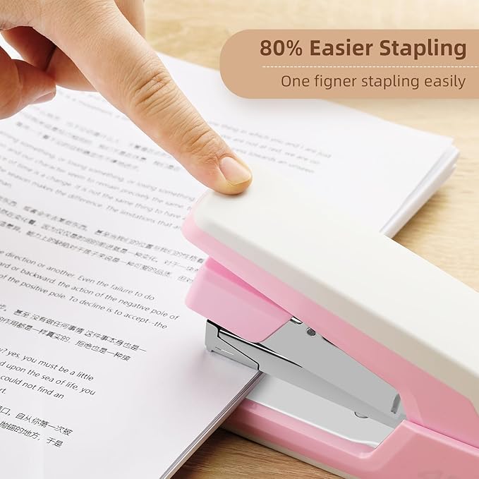 Deli Effortless Desktop Stapler, Heavy Duty Stapler, 40-50 Sheet Capacity, One Finger, No Effort, Includes 1500 Staples & Staple Remover, Pink