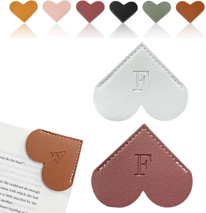 Personalized Leather Heart Bookmark, 26 Letters Customized Corner Book Mark for Reading Women, Book Marker with Initials，Cute Gifts (White+Deep Pink, F)