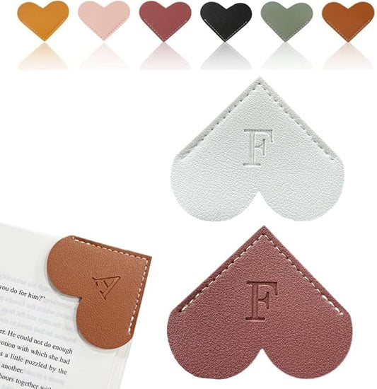 Personalized Leather Heart Bookmark, 26 Letters Customized Corner Book Mark for Reading Women, Book Marker with Initials，Cute Gifts (White+Deep Pink, F)