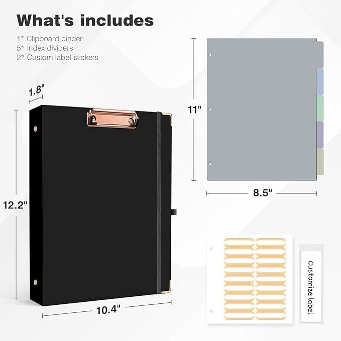 Ospelelf 3 Ring Binder 1 Inch, Clipboard Binders for Letter Size Documents (11" x 8.5") with 5 Tab Dividers, File Folder Labels, Black Organizer for School and Office Supplies
