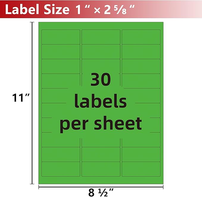 Printable Address Labels 1" x 2-5/8", 450 Total, 15 Sheets, Colored Labels for Laser & Inkjet Printer, Fluorescent Sticker Labels for Mailings, Folders, Organizing
