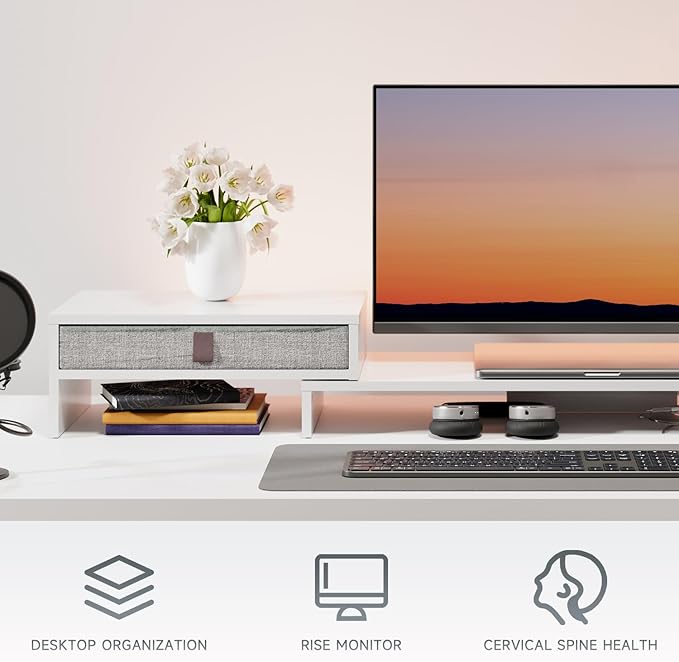 Fenge Computer Monitor Riser Stand with Drawer for 2 or 3 Monitors ,Adjustable Length and Angle Desktop Laptop Stand,Office Organizer,Printer,White