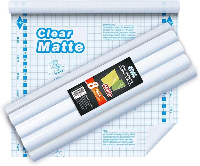 Chell 8 Pack Matte Clear Contact Paper Roll for Books, Crafts and Countertops, Self Adhesive Book Cover, 17.5 in x 5 ft