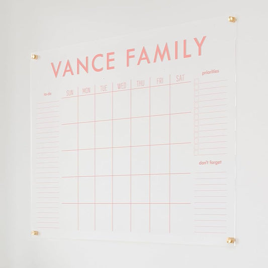 Personalized Clear Acrylic Calendar for Wall, Calendar Whiteboard for Wall, Dry Erase Wall Calendar, Wall Calendar Organizer System for Home (Block, Blush, 47.5"W x 36"H)