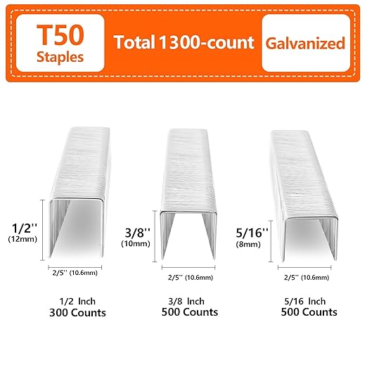 Heavy Duty T50 Staples 1300-Count 3 Sizes Includes: 5/16"-500, 3/8"-500, 1/2"-300, Galvanized Assorted Size Project Pack