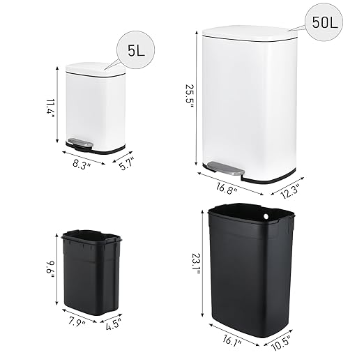 Arlopu 13.2+1.3 Gallon Step Trash Can, Stainless Steel Garbage Bin, Soft-Close Rubbish Bin with Removable Plastic Inner Bucket, Fingerprint-Proof, Lid Dustbin, for Kitchen Home (White)