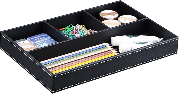 KINGFOM Pu Leather Desk Organizer Tray, 4 Compartment Office Storage Supplies Stationery Drawer Tray, Nightstand Bedside Tray for Key, Wallet, Sunglass, Watch, Coin, Phone Valet Tray Stackable Black