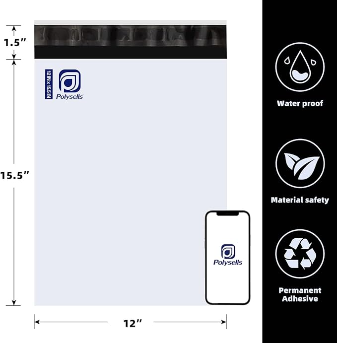 POLYSELLS 100 Pack 12x15.5 Inch White Poly Mailers Shipping Envelopes, Strong Adhesive Sealing, Waterproof, and Tear-resistant Postal Mailing Bags for Clothing, Books, and Accessories