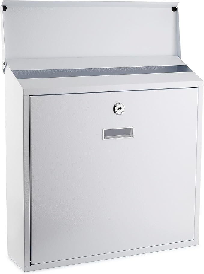 Metal Mailbox Steel office comment Suggestion ballot Box Secure Box With top special Wide Slot for envelopes Wall Mount with pre drilled holes Drop Box for Home and Office 14.3H x 14.6W x 3.75D(White)