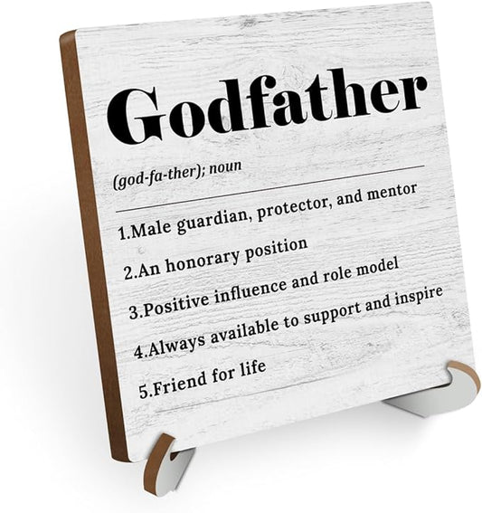 Godfather Definition Wood Sign Christian Desk Decor Rustic Office Cubicle Decor Positive Plaque with Wooden Stand Farmhouse Religious Office Desk Accessories for Home Table Shelf Godfather Gift