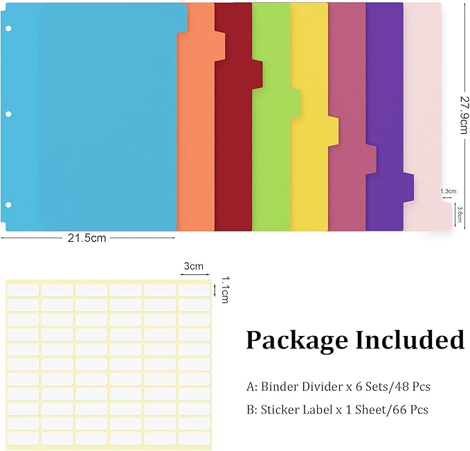 48PCS/6 Set Binder Dividers with Tabs, 8-Tab Dividers for 3 Ring Binder, 3-Hole Punched Letter Size Plastic 3 Ring Binder Dividers for School Office Home Document Organizer, Multicolor
