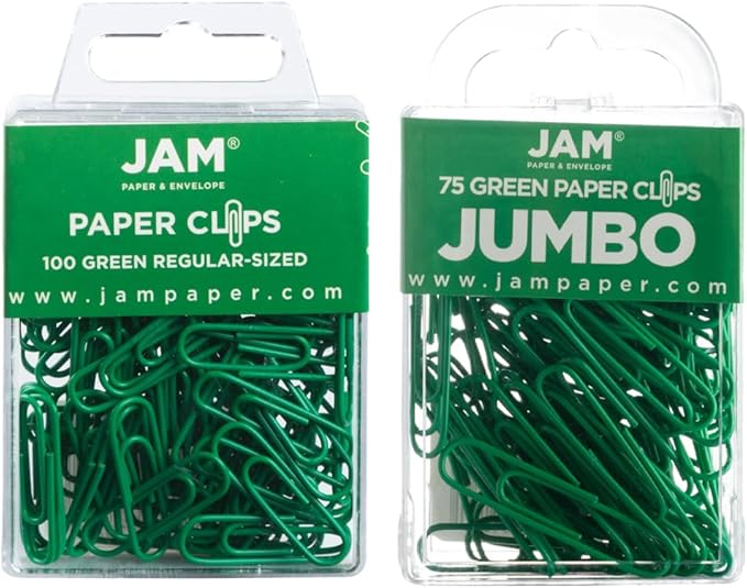 JAM PAPER Combo Pack Colorful Paper Clips - Standard & Jumbo - Green Paperclips - 1 Pack of 100 & 1 Pack of 75