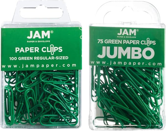 JAM PAPER Combo Pack Colorful Paper Clips - Standard & Jumbo - Green Paperclips - 1 Pack of 100 & 1 Pack of 75