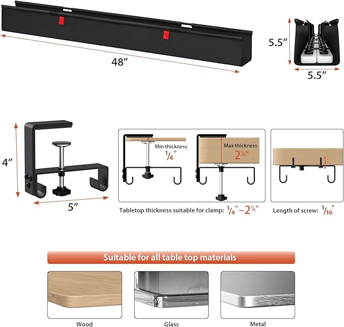 Univivi No Drill Under Desk Cable Management Tray, 48" Cord Organizer for Table, Clamp/Screw Mount Desk Cable Management, Premium Fabric Cable Management Tray for Office, Home (Extra Large)