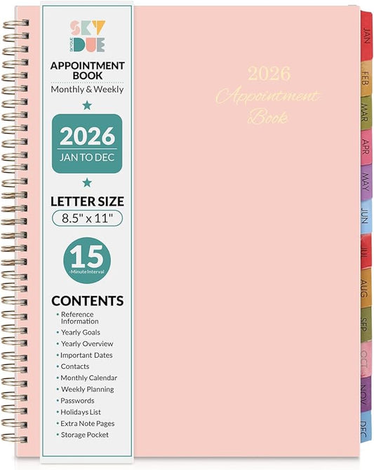 SKYDUE 2026 Appointment Book, 8.5" x 11", Hourly Planner with 15 & 30-Minute Increments, Weekly & Monthly Planner for January - December 2026, Perfect for Daily Planning Pink