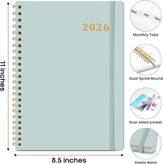 2026 Planner 8.5" x 11", Weekly and Monthly Calendar Planner Book, January 2026 - December 2026, Hardcover Spiral Planner with Monthly Tabs, Notes Pages, Perfect for Women & Men, A4 - Grey Blue