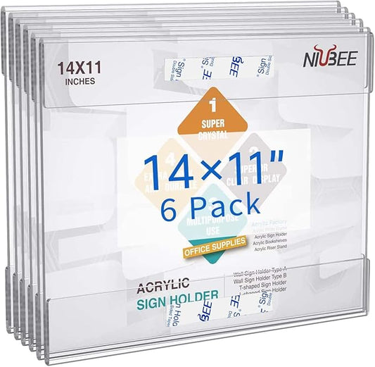 NIUBEE Acrylic Sign Holder 14x11 Inches Horizontal, Clear Plastic Wall Mount Sign Holder Poster Paper Holder with Double Sided Adhesive Tape for Office, Home, Store, Restaurant-No Drilling(6 Pack)