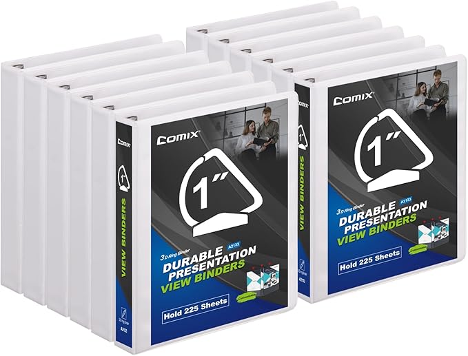 Comix D-Ring Basic View Binder 1 inch 3 Ring Binders, Hold 225 Sheets of 8.5" x 11" Paper, 12 Pack (White)
