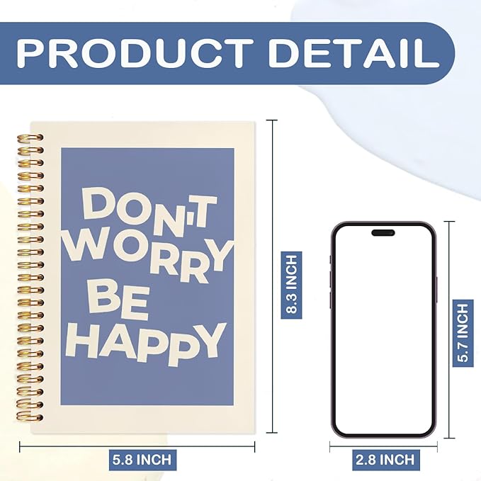 SNNDER Inspirational Notebook, Mental Health Journal for Women, Motivational Positive Affirmations Journal, Don't Worry Be Happy Blue Hardcover Spiral Notebooks 5.5x8.3 Inch