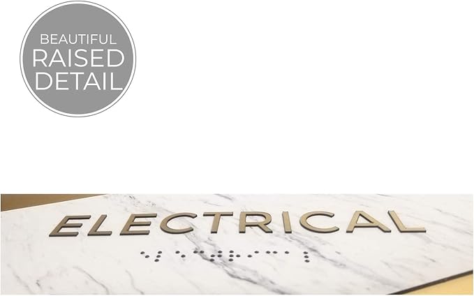 Electrical Sign with Braille/Small Business Easy Adhesive Mount Door And Wall Sign / 3" x 9" Light Marble Design