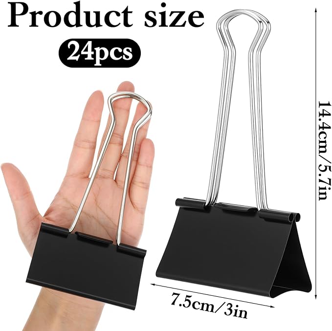 24 Pack 3 Inch Binder Clips Extra Large- Heavy Duty Large Binder Clips Jumbo for Office, Home, School - Black XXL Paper Clamps (3“ x 5.7")