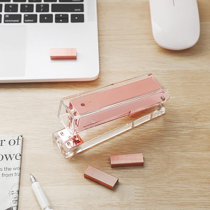 Acrylic Rose Gold Tape Dispenser Desktop Stapler, Acrylic Office Supplies Includes Staple Remover, Tape, 1000pcs Staples Desk Accessory Kit, Modern Clear Stationery Kit for Everyday Office Needs