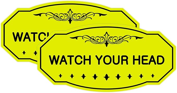 Signs ByLITA Victorian Watch Your Head Sign (Yellow/Black) - Medium 2 Pack