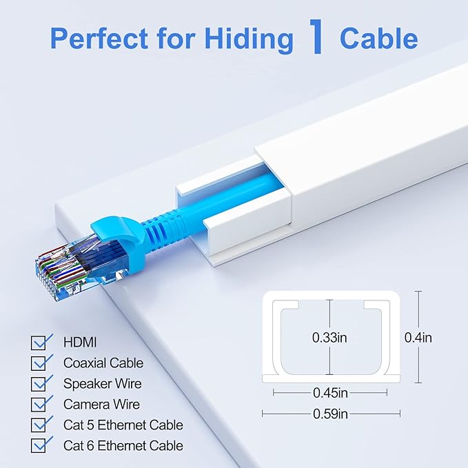 Yecaye Cord Hider, 113in One-Cord Cable Concealer, Cord Covers for Wires on Wall, Easy Install Cable Management Kit for 2 Small Wires, Cables Raceway Home Office, W0.59in H0.4in, White