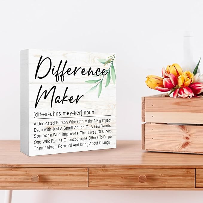 Difference Maker Definition 5" x 5" Wooden Block Sign, Purpose-Driven Office Decor With Leadership Quote, Executive Desk Accent For Change Decor