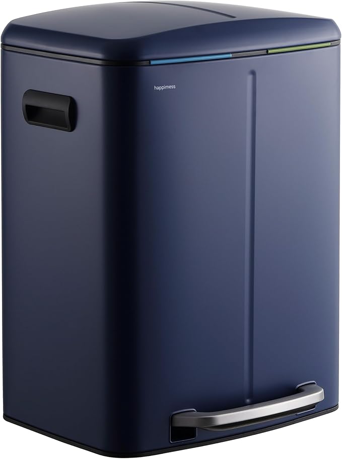 happimess HPM1005J Marco Rectangular 10.6-Gallon Double Bucket Trash Can with Soft-Close Lid, Denim Blue,with Soft-Close Lid, Modern, Minimalistic for Home, Kitchen, Office, Bedroom, Bathroom