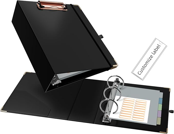 Ospelelf Mini 3 Ring Binder 2 Inch With 5 Tab Dividers, File Folder Labels and Low Profile Clipboards - Cute Black for 5.5" x 8.5" School and Office Supplies