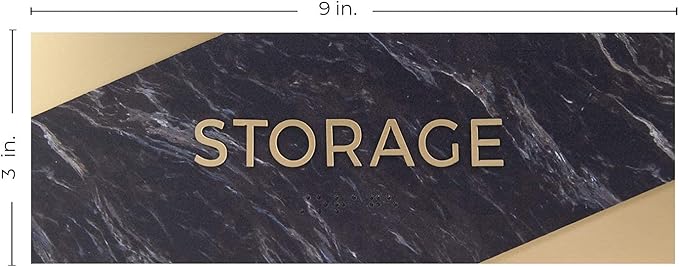 Storage Sign With Braille/Small Business Easy Adhesive Mount Door And Wall Sign / 3" x 9" / Dark Marble Design
