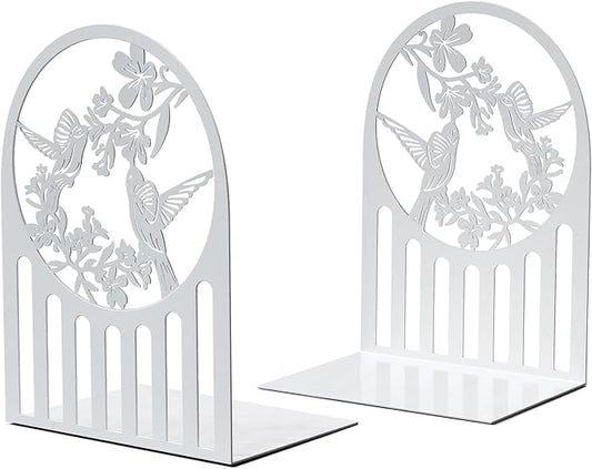 Hummingbird Book Ends, Metal Bookends for Shelves Decorative, Book Stopper for Heavy Books, Bookends for Home, Office, Library, School Use (White)