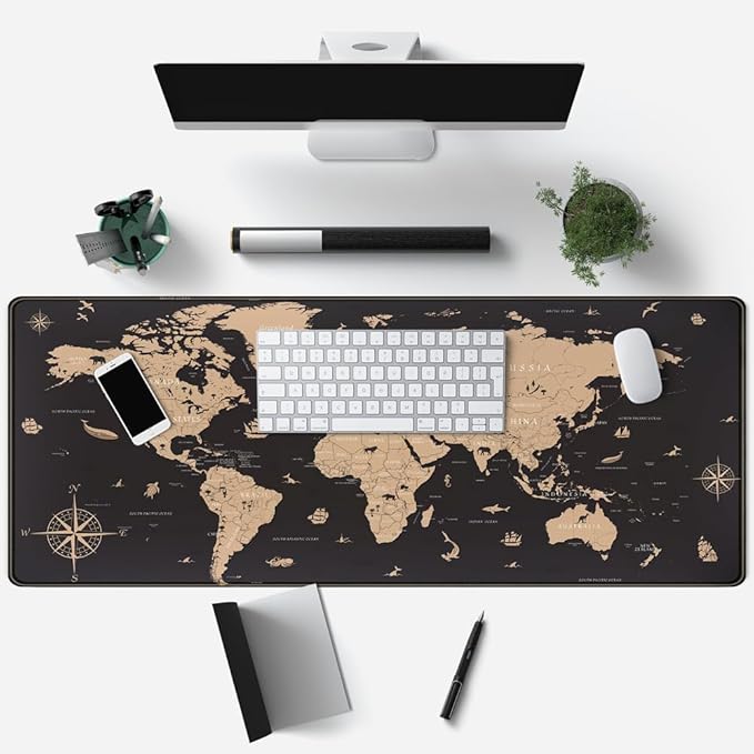 World Map Desk Mat Historical World Map Desk Pad Extra Large Computer Mouse Pad XL Black Topographic Mousepad Keyboard Pad for Desk Gaming Computer Laptop Office Non-Slip Desk Pad 31.5x11.8 in