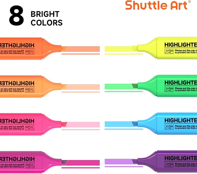 Shuttle Art Highlighters, 8 Assorted Colors Highlighter Pens, Chisel Tip Dry-Quickly Non-Toxic Highlighter Markers for Adults Kids Highlighting on Home School Office