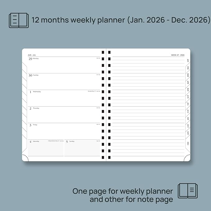 POPRUN 2026 Planner Weekly Notebook (Jan-Dec), Medium 8.5''x 6.5'' - Agenda 2026 Calendar Book with Monthly Tabs, Inner Pocket, Spiral Soft Cover, 100 GSM - Petrol