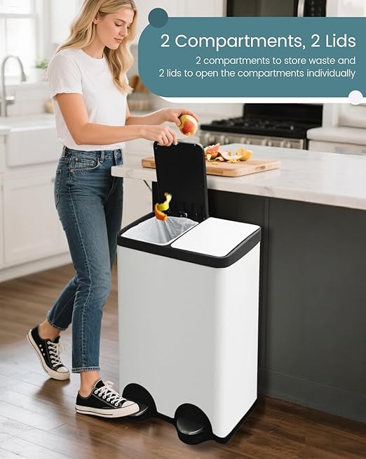 60L Dual Compartment Stainless Steel Trash Can, 16 Gallon White Kitchen Garbage Bin with Silent Sealed Lids, Pedal & Recyclable Waste Bins for Home/Office