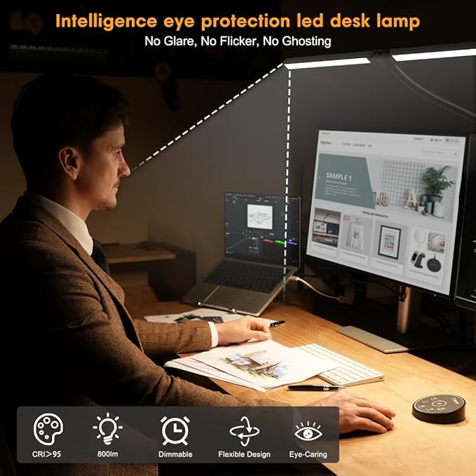 Led Desk Lamp for Office Home - Eye Caring Architect lamp with Clamp,Dual Screen Computer Monitor Work Smart Light: 24W 5 Color Flexible Adjustable Lighting Table Lamp for Study Drafting