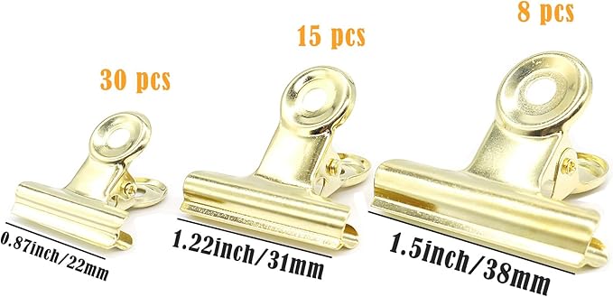 Gold Bulldog Binder Paper Clips, Assorted Sizes Set, Paperclips for School, Office and Home Kitchen