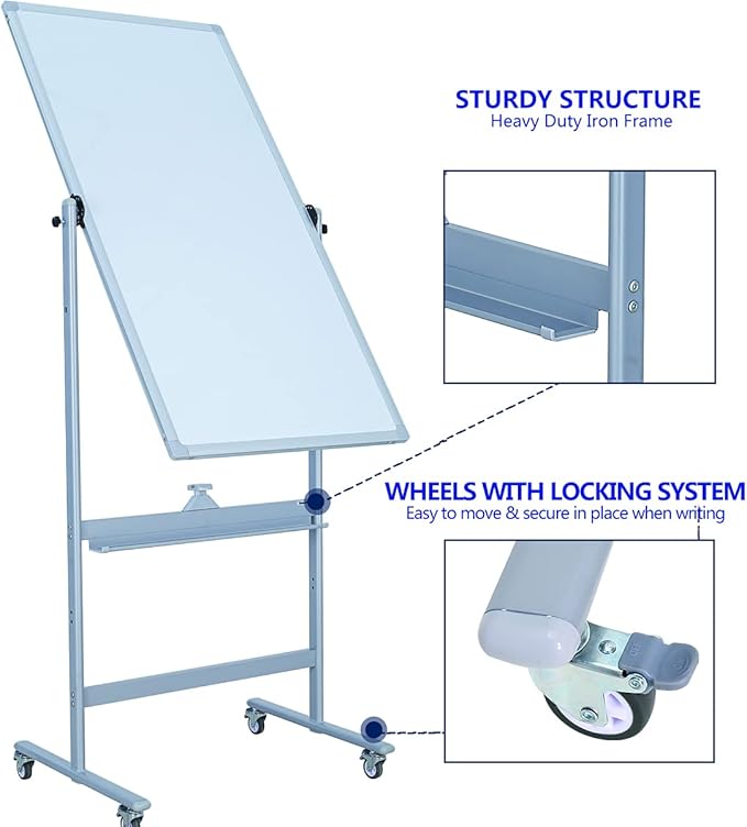 Magnetic Mobile Whiteboard 48x24-in 360° Reversible Two-sided White Board with Wheels, Portable Dry Erase Board Easel with Stand for Office Classroom, Include 6 Dry Erase Markers and 1 Eraser