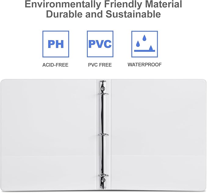 3 Ring Binder 1-1/2 Inch, ViVin Sturdy 1.5"-Round Ring Binder with 2 Interior Pockets, Clear View Cover, PVC-Free, Fits 300 Sheets of 8.5'' x 11'' Paper, Office Home School (6 Pack, White)