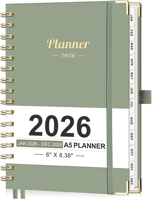 AHGXG 2026 Planner, Weekly and Monthly, 2026 Calendar, Jan 2026 - Dec 2026, Hardcover with Monthly Tabs, 100 GSM Thick Paper, for Women School Home Office Supplies, 6" X 8.38", Sage Green