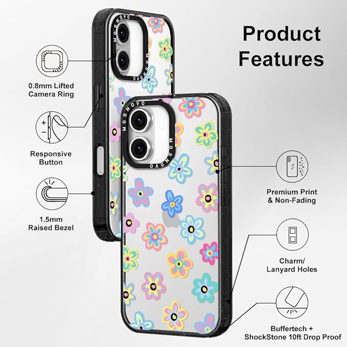 MOSNOVO Case for iPhone 16 Plus, [10ft 4X Military-Grade Drop Protection] Durable & Shockproof Phone Case Cover Design for iPhone 16 Plus - Groovy Flower - Clear Black