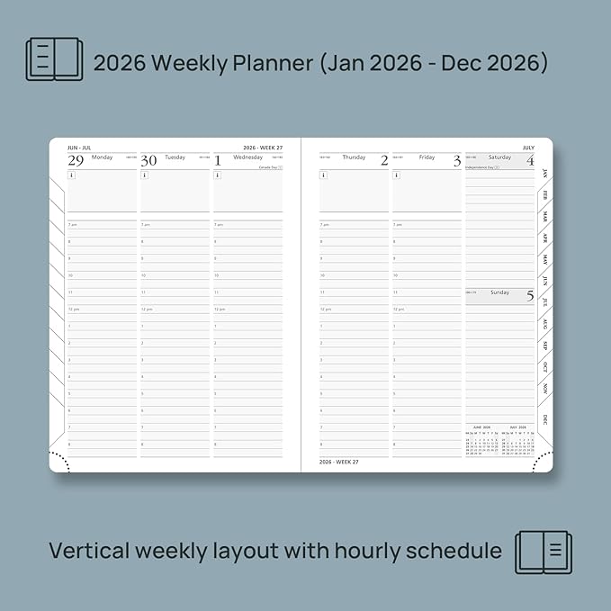 POPRUN 2026 Planner (Medium - 6.5'' x 8.5'') - 2026 Weekly Calendar ((Jan. 2026 - Dec. 2026) with Hourly Time Slots, Weekly/Monthly Appointment Book for Time Management - Leather Soft Cover - Grey